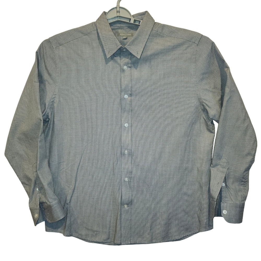 Ash & Erie Mens Lg Slim Fit Micro Check Button Down Shirt Grey Blue Wool Blend
